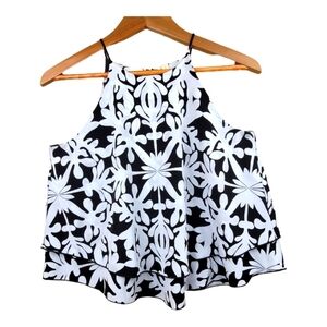 TYCHE Black and White Floral Print Double Layer Spaghetti Strap Top